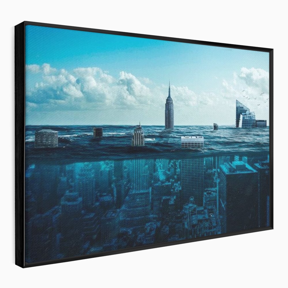 Tablou canvas cu ilustratie digitala cu oras scufundat in ocean, in rama de aluminiu negru